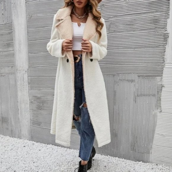 Cozy two tone  Teddy Long Coat Jacket Minimalist - Picture 8 of 11